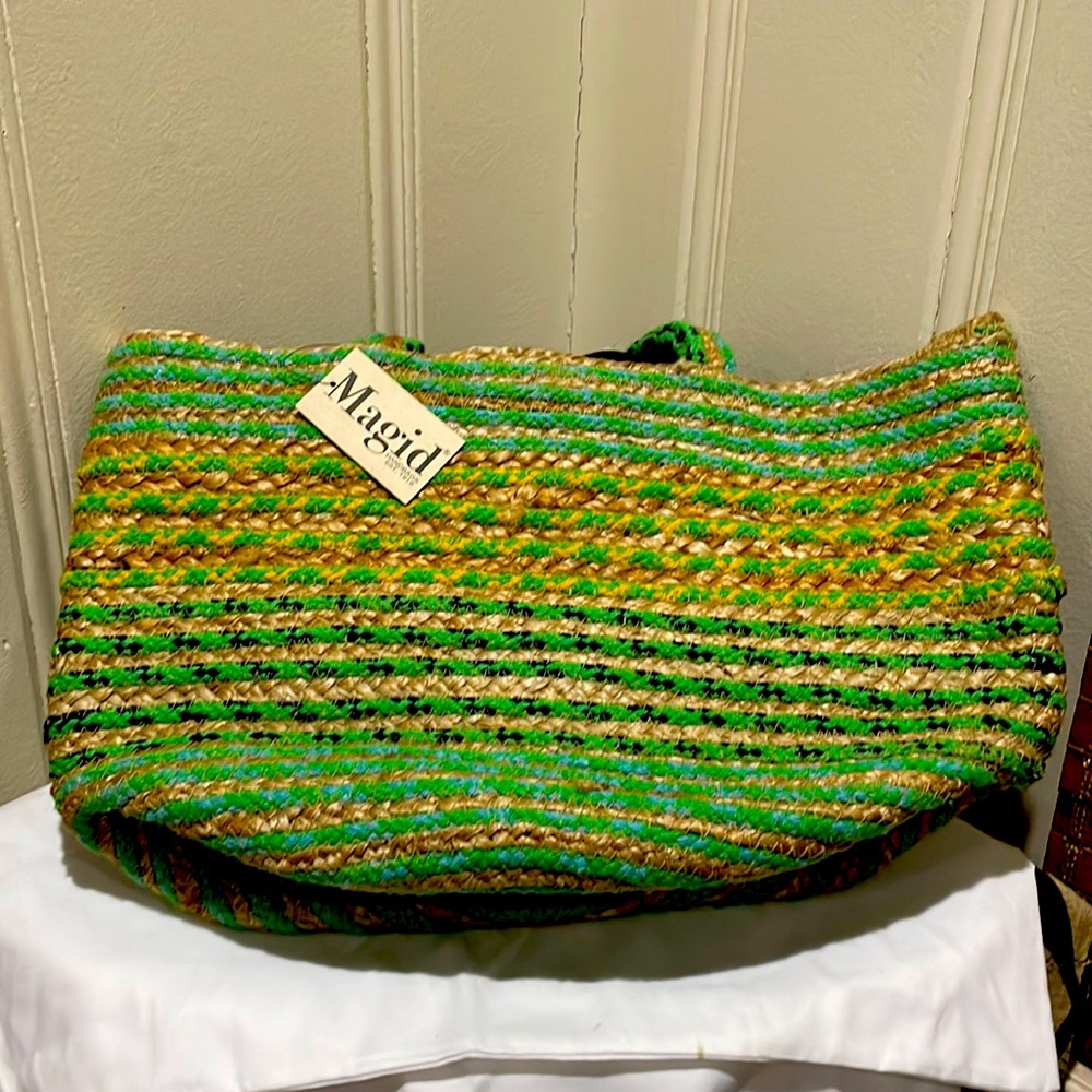 Magid Tote Weave Striped Rope Green Beach Large Hand Bag New with Tags